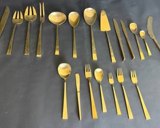 Mid Century Modern MCM Bronze Tone Flatware Set with Knives, Forks and Spoons