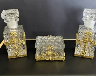 Ornate Crystal Decanter and Trinket Box Set with Gold Tone Floral Mounts