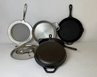 Lodge and Cabelas Cast Iron Skillets with AllClad Pan, Matfer Pots, and Serving Tray