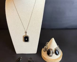 Black Stone and Silver Tone Jewelry Collection with Necklace, Bracelet and Earrings