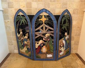 ThreePanel HandPainted Nativity Fireplace Screen 3 Panel Metal w  Original Box