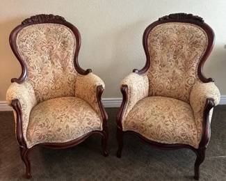  05 French Style Vintage Upholstered Armchairs with Carved Wood Frames