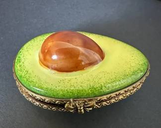 Avocado Limoges France Handpainted Trinket Box with Bee Clasp