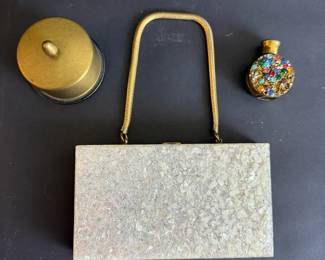 Lucite Makeup Handbag with Rhinestone Perfume Compact and Gold Tone Accessories