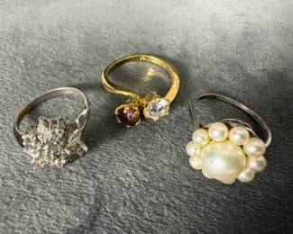 Trio of Rings  Pearl Cluster, Glass Stone Cluster and Glass Bypass
