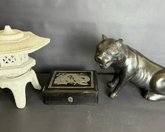 Asian Style Decor Collection with Pagoda Lantern, Dragon Box and Black Panther Brass Statue