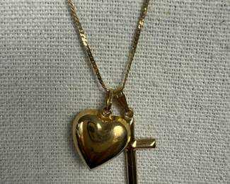 14K Italy Yellow Gold Chain Necklace with Heart and Cross Pendants  2.27g
