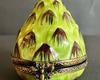Artichoke Limoges France Handpainted Trinket Box w  Bee Clasp