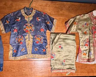 Late 19th Century Asian Childrens Silk Embroidered Outfit Set Green  Blue