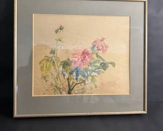 Framed Floral Watercolor by Yoko Moro  Signed with Red Seal