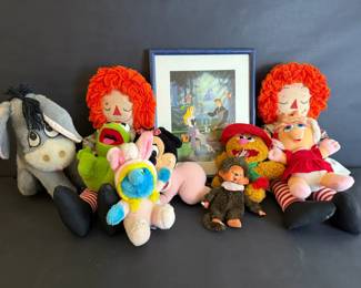 Plush Toy Collection with Framed Disney Print  Raggedy Ann, Disney, Muppets  More