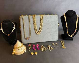 Statement Necklace and Jewelry Collection with Gold Tone Chains and Earrings
