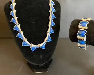 Blue Enamel and Silver Tone Necklace, Bracelet and Earring Set