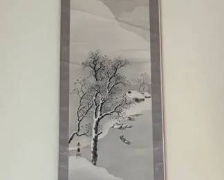 Pair of Antique Chinese Hanging Scroll Paintings w  Silk Brocade  Signed Seals