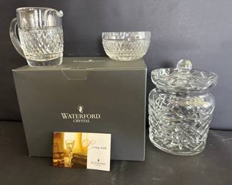 Waterford Crystal Serving Collection with Lidded Jar, Creamer and Bowl in Original Boxes