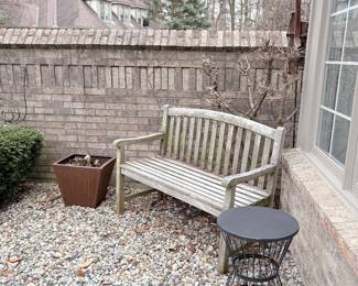 Teak bench and wire side table with square planter