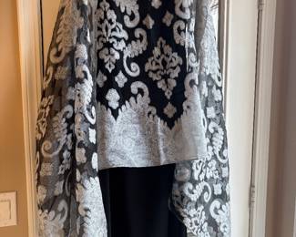 Eileen Fisher black dress and shown with silver and gray wrap 