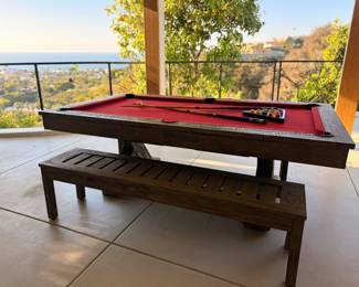 Outdoor Legacy Pool Table with all accessories and dining table cover and matching benches