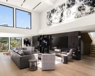 Leather sectional, coffee table, side chairs, 85" flatscreen TV Samsung