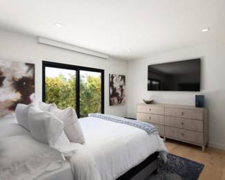 Queen bedroom set, rugs, dresser, bench, 65" flatscreen tv