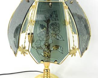Beautiful Vintage Brass Smoked Etched Glass Panel Table Lamp 