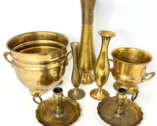 Brass Lot of Pails, Candlestick Holders, and Vases