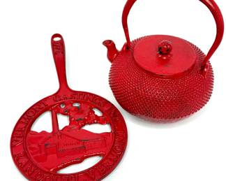 Vintage Cast Iron Red Trivet and Tea Kettle 