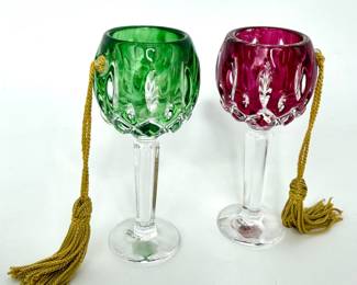 Set of 2 Vintage Bohemian Czech Wine Stem Ornament Glasses 