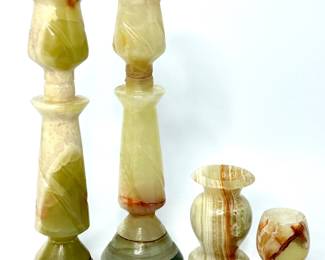 Lot of 2 Marble Candlestick Holders, Bud Vase, and Small Goblet 