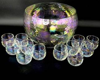 Vintage Mid Century Iridescent Punch Bowl with 12 Glasses 