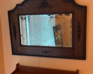 Antique Ornate Oak Framed Beveled Wall Mirror