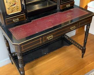 Antique Victorian Aesthetic Movement Black Lacquer Secretary Desk