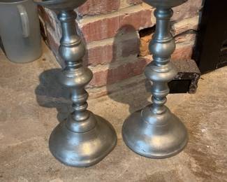 Vintage Pewter Candlestick Holders with Pillar Candles - Pair