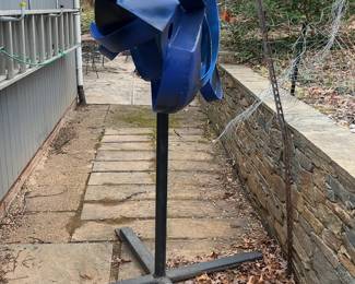 “Blue Fish” by Jerome Harris Parmet - Abstract Blue Metal Outdoor Kinetic Sculpture