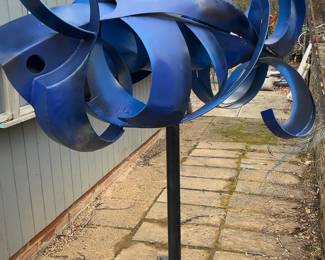 “Blue Fish” by Jerome Harris Parmet - Abstract Blue Metal Outdoor Kinetic Sculpture