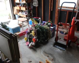 hand truck, cones, wreaths, tv trays