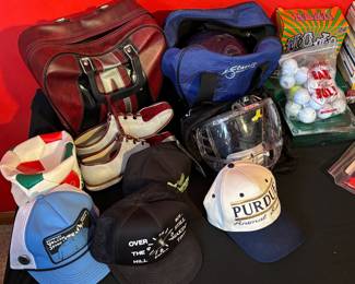 Vintage Bowling Balls with Bags, Bowling Shoes, Hats, Golf Balls