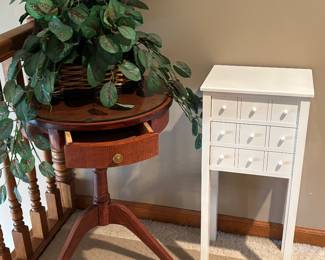 Antique Round Pedestal Table with Drawer, White Nightstand with Drawers