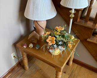 Oak Side Table, Vintage Lamps, Flower Arrangement 