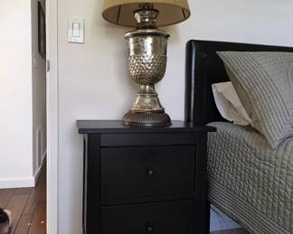 Black wood nightstands (pair) and Hammered silver urn lamps (matchingpair)