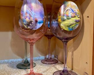 Thomas Kincaid  pictures on 4 colored wine glasses