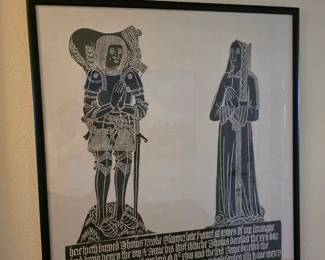 Large, well done brass rubbing of a medieval knight and Lady