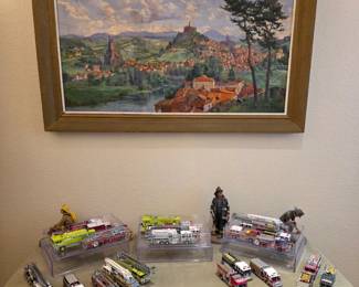 Hand painted fire engine collection sampling and an original painted by Emile Gautheron of Monte Carlo