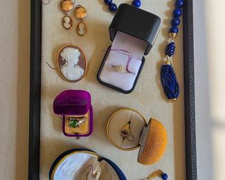Lapis & gold beaded necklace, earrings and bracelet; carved shell & gold earrings & Pendant; gold and diamond  earrings. 