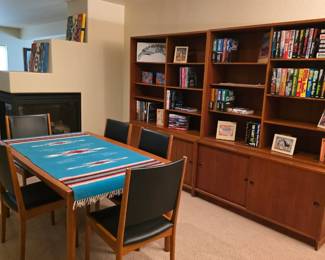 Danish expandable table with five chairs and a Scandinavian bookshelf/cabinets (2 separate units)