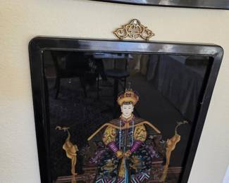 One of two antique Chinese reverse painting on glass of an emperor and empress. Beautifully done.