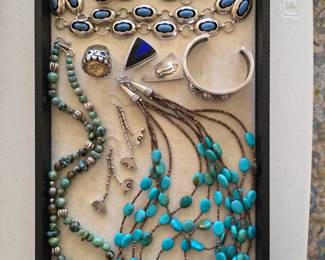 Assorted turquoise and silver jewelry; Dian Malouf gold coin ring.