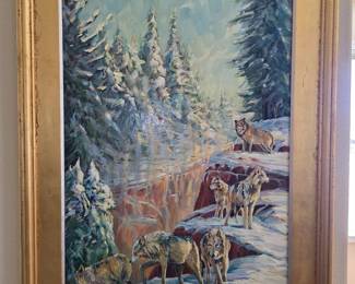 Large oil painting of wolves by noted Taos artist