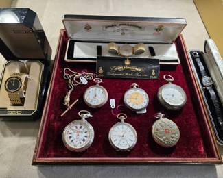 Vintage gold Jules Jorgensen watch, assorted pocket watches, two Seiko watches