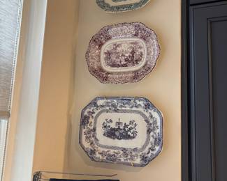 Victorian Transferware Platters and Plates in Various Colors and Patterns